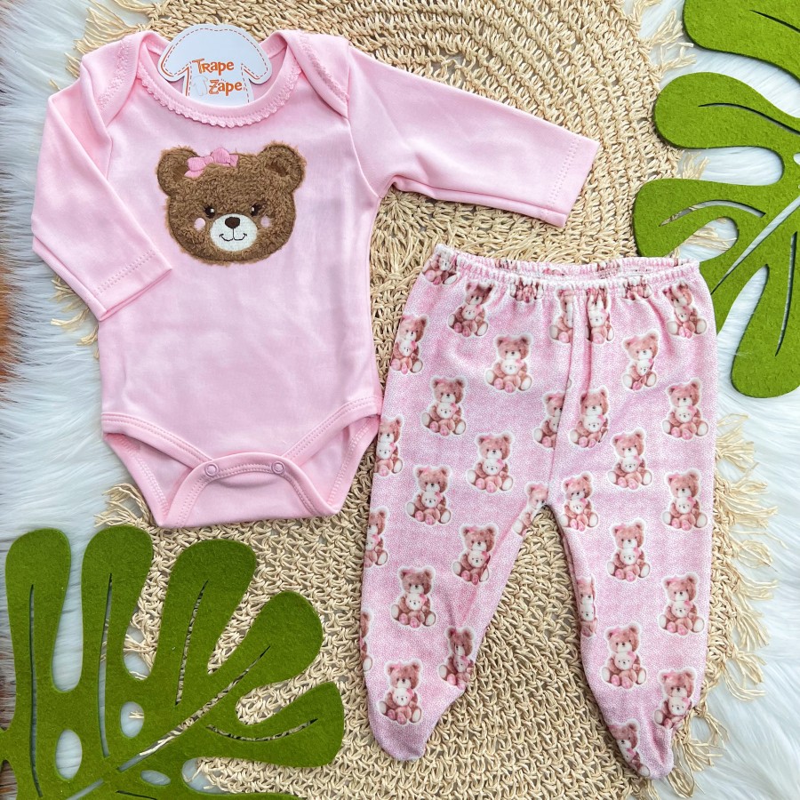  Conj. Body Ursinhas Marrom e Calça - Rosa